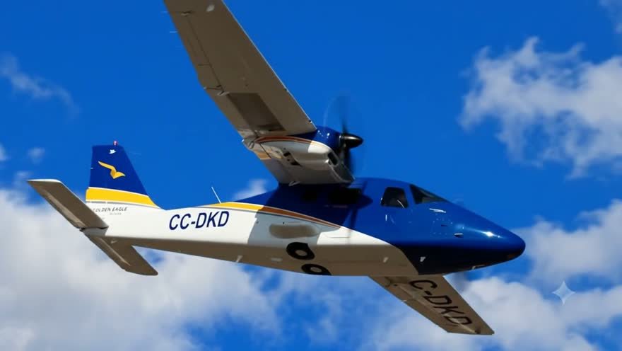 Bimotor Golden Eagle virando entre nubes en cielo azul