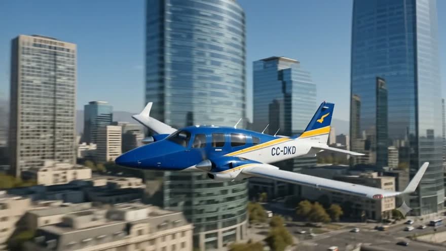 El bimotor volando entre los rascacielos de Santiago